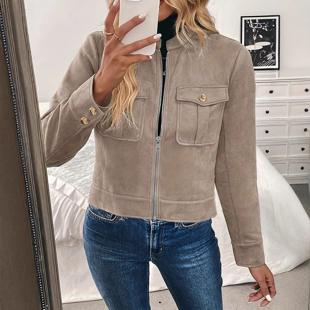 Ladies Short Fashion Jacket in Soft Suede Look with Practical Pockets Lune London