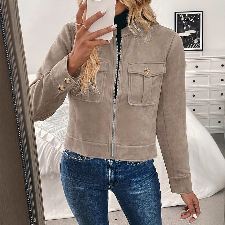 Ladies Short Fashion Jacket in Soft Suede Look with Practical Pockets Lune London