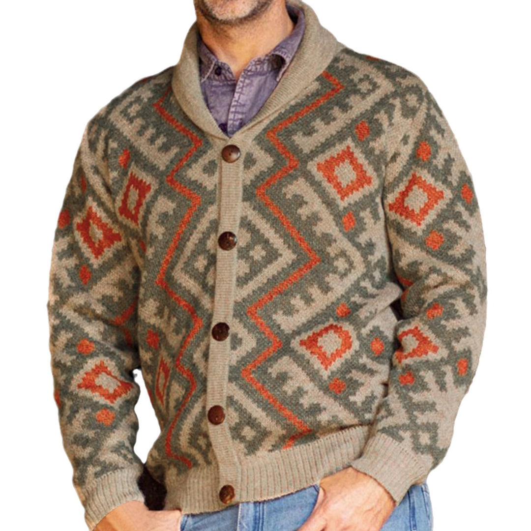 Men's knitted jacket with traditional geometric pattern and warm shawl collar Lune London