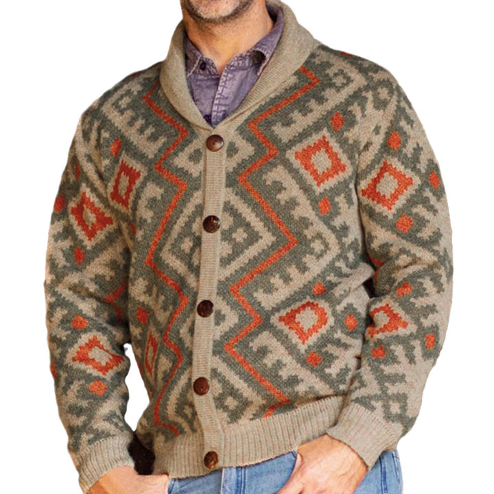 Men's knitted jacket with traditional geometric pattern and warm shawl collar Lune London