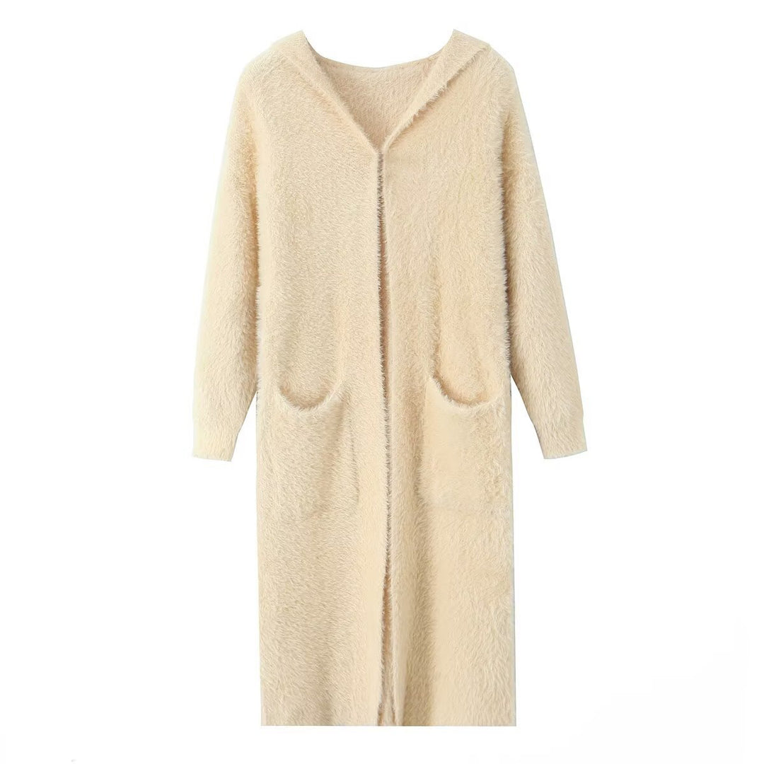 Manteau long en tricot confortable pour femmes avec capuche et poches pratiques