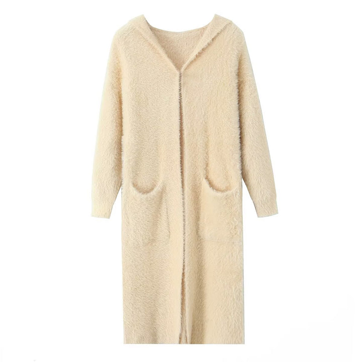 Manteau long en tricot confortable pour femmes avec capuche et poches pratiques