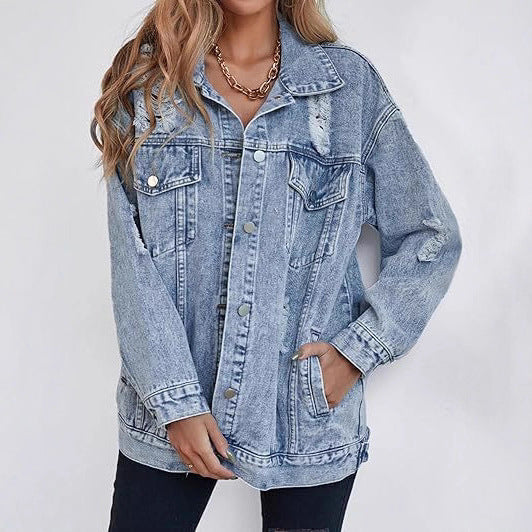 Casual oversized denim jacket for women with distressed details and high-quality metal buttons Lune London