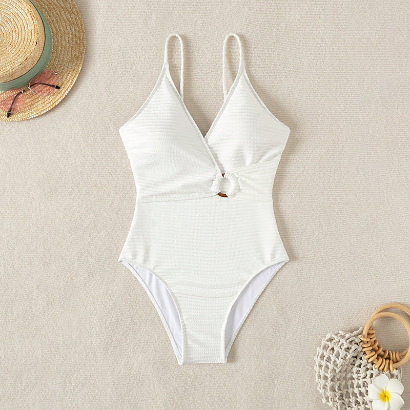 Ladies Rib-Knit Deep V-Neck Swimsuit Bodysuit with Chic Decorative Ring and Style