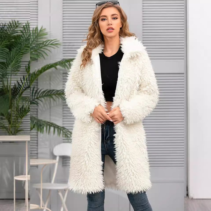 Ladies Long Plush Coat with Elegant Cut Lune London