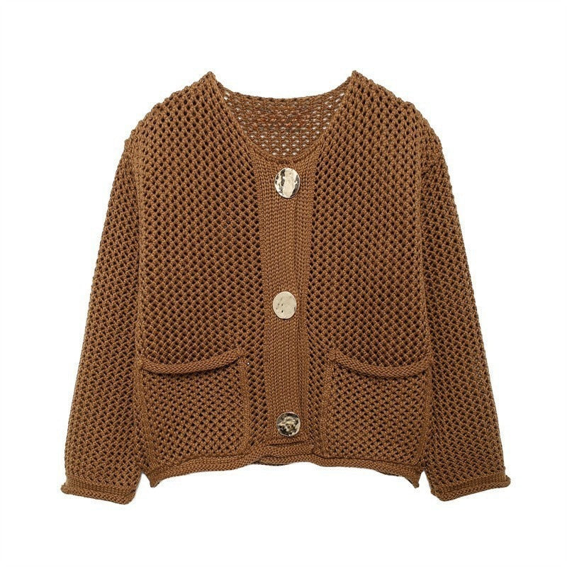 Casual knit jacket for women with textured hole pattern and practical pockets Lune London