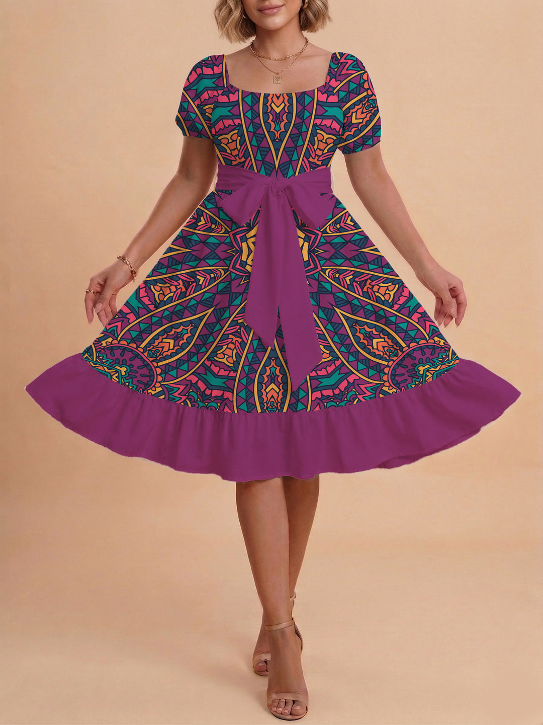 Women A-line dress with floral motifs and adjustable belt Lune London