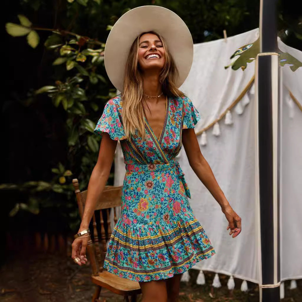 Wrap dress for women with floral design and ruffle details Lune London