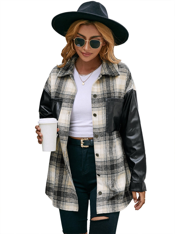 Women's overshirt with faux leather sleeves and checked pattern Lune London