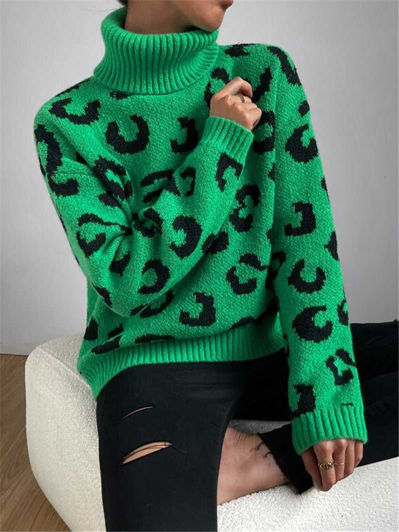 Lune London Women’s High Neck Sweater with Leopard Pattern
