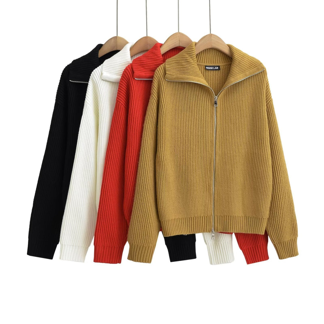 Lune London women's high collar zip-up knit jacket