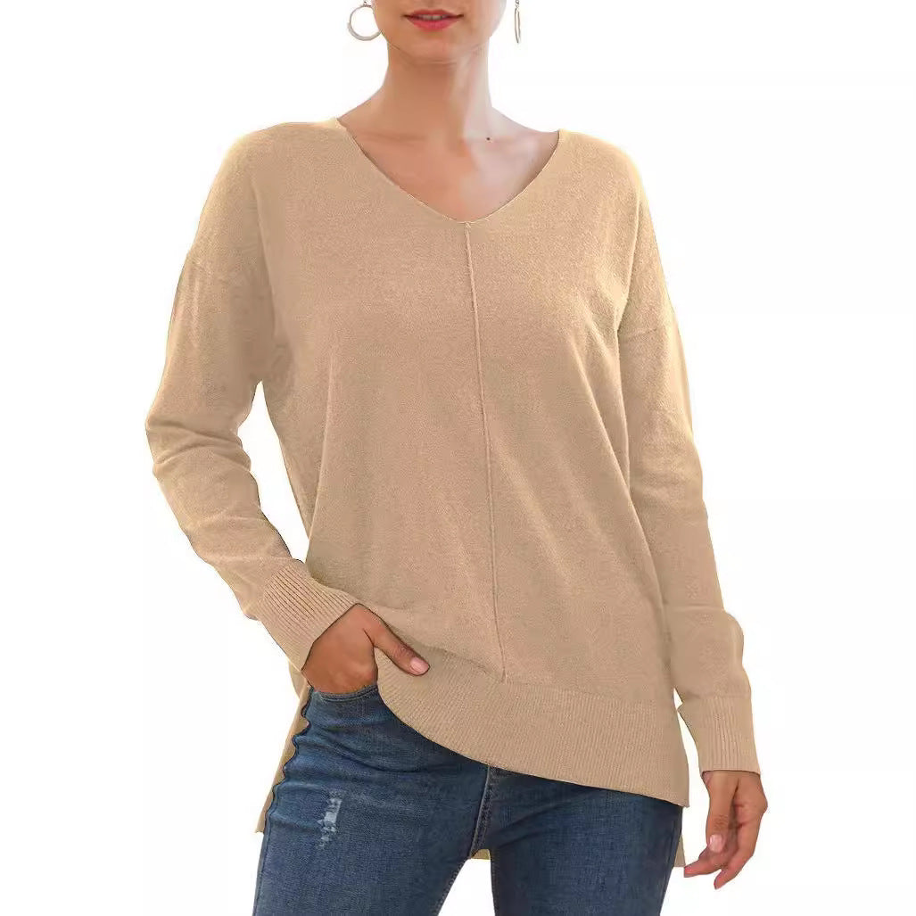 Elegant women's sweater with V-neck and asymmetrical hem Lune London