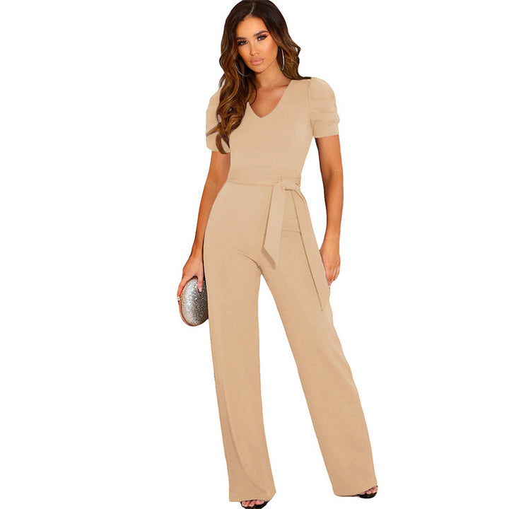 Elegant women's jumpsuit with waist belt and puff sleeves Lune London