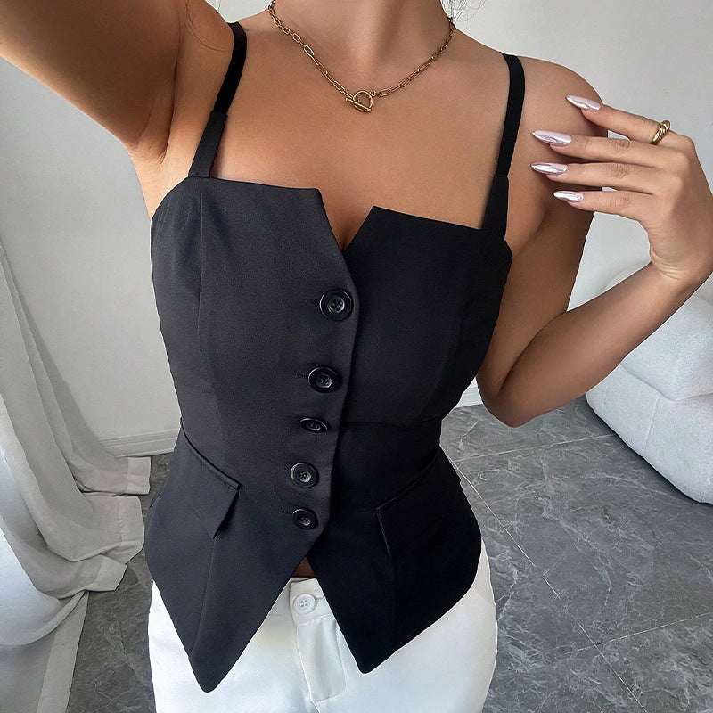 Women's Sleeveless Blouse Top with Tailored Cut and Button Details Lune London