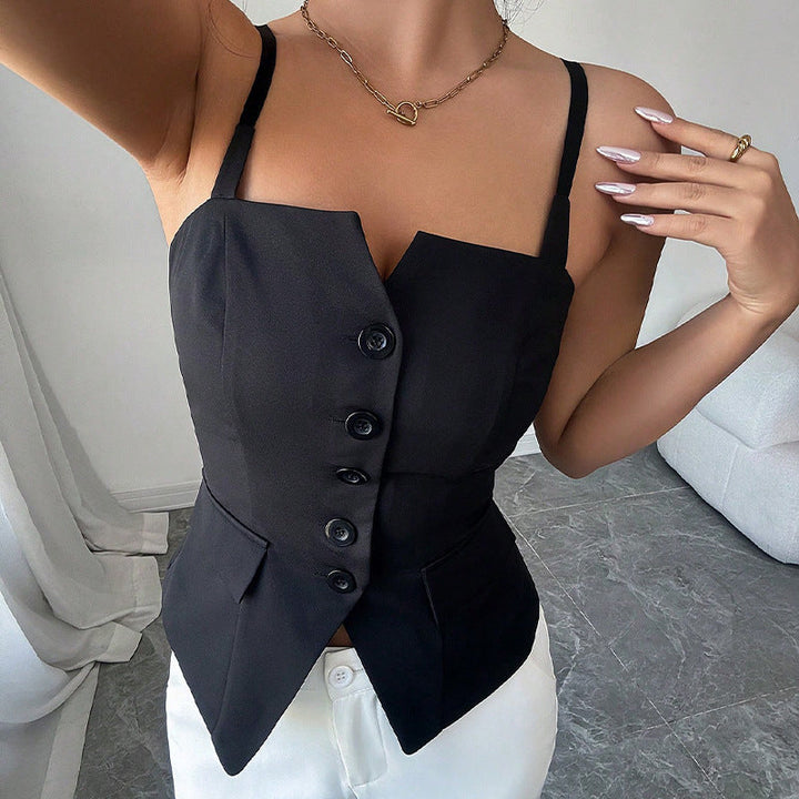 Women's Sleeveless Blouse Top with Tailored Cut and Button Details Lune London