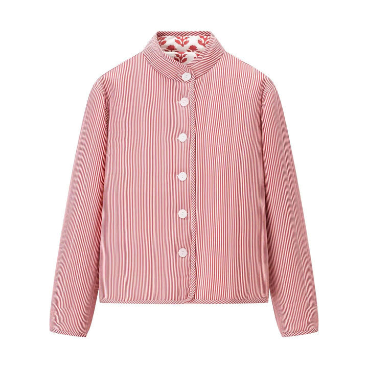 Quilted bomber jacket for women with floral pattern and practical buttons Lune London