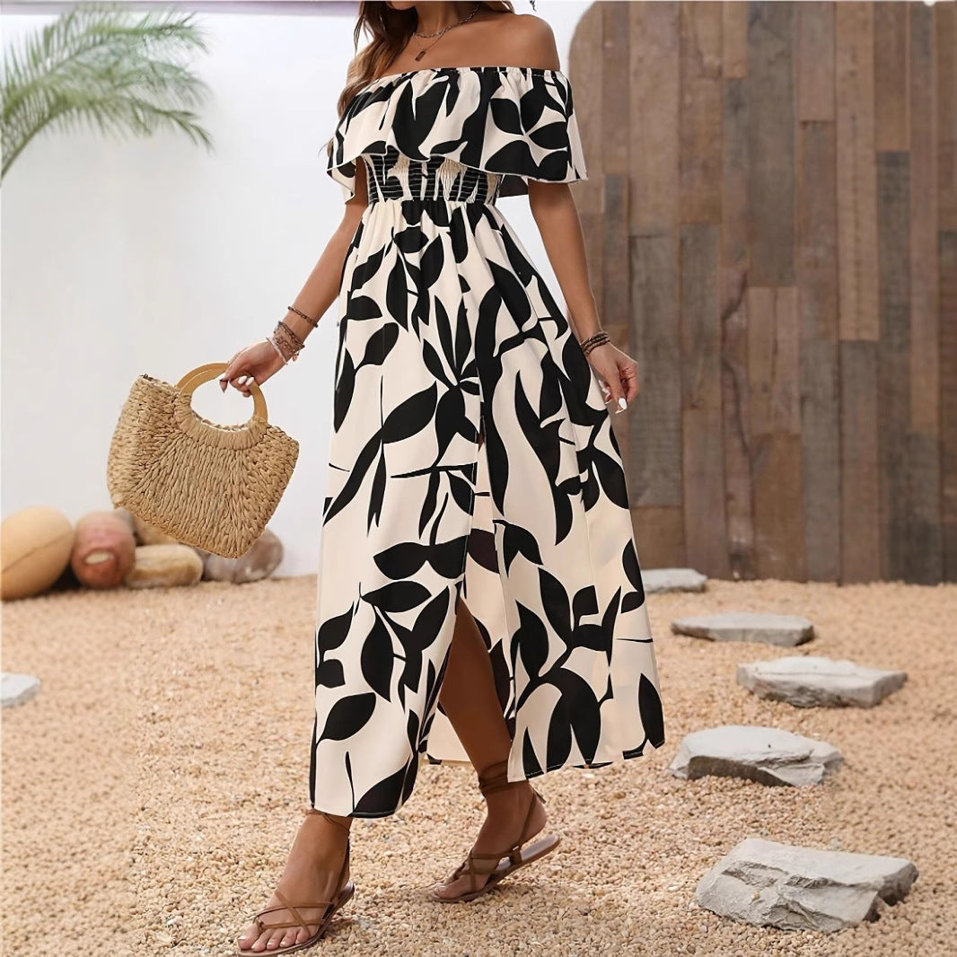 Long off-shoulder maxi dress for ladies with floral patterns and elastic belt Lune London