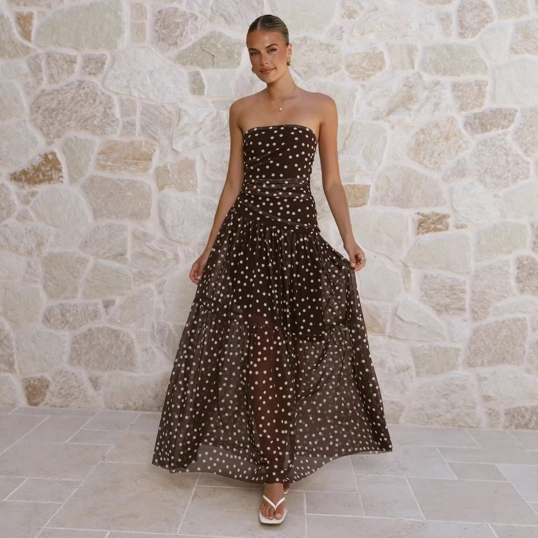 Women's maxi dress with off-the-shoulder cut and playful polka dot pattern Lune London