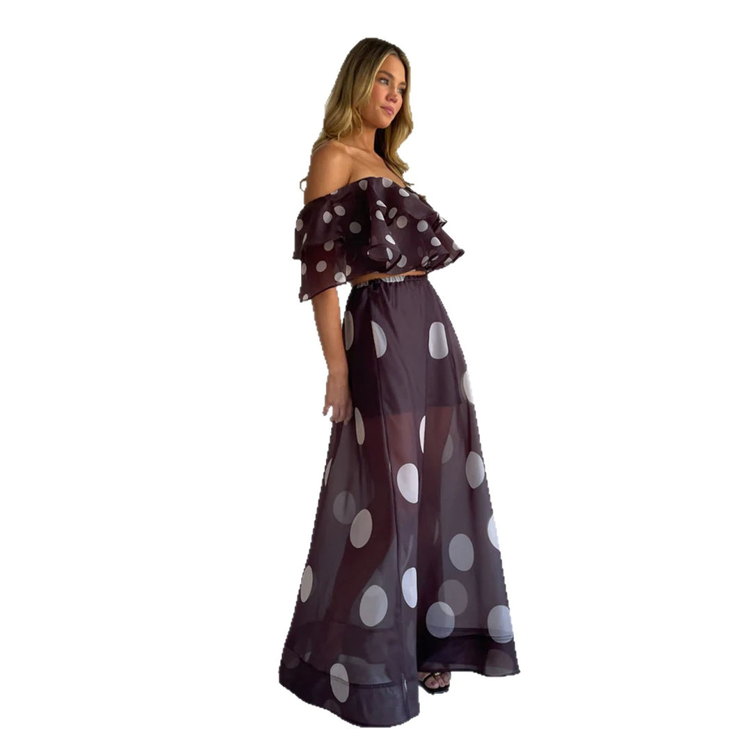 Ladies' maxi skirt set with off-shoulder top and playful ruffle design