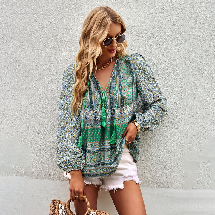 Airy women's blouse with trendy boho pattern and elegant ruffle details Lune London