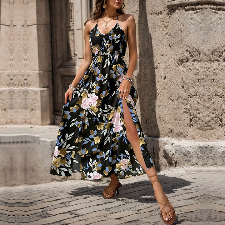 Maxi dress with floral print for women with high slit and adjustable spaghetti straps Lune London