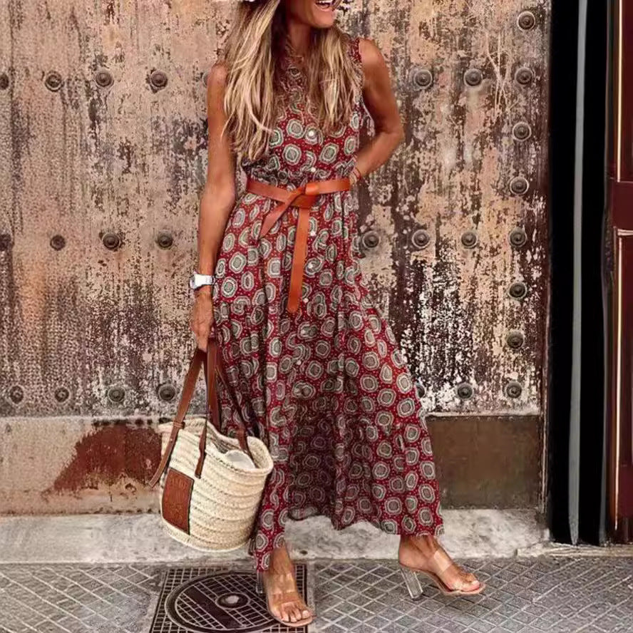 Bohemian maxi dress for women with a waist belt and floral pattern Lune London