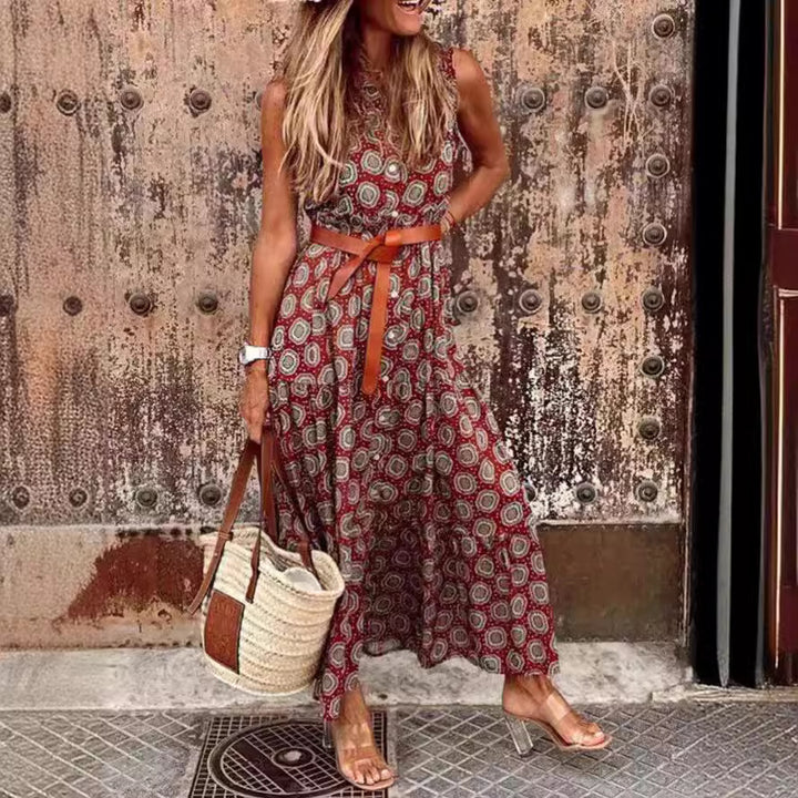 Bohemian maxi dress for women with a waist belt and floral pattern Lune London