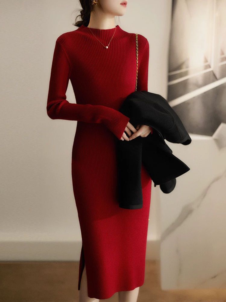 Robe tricotée élégante pour femmes avec col montant et motif à côtes fines