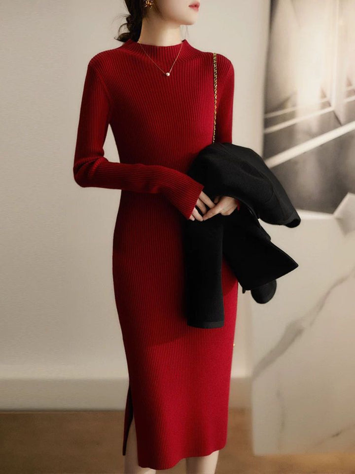 Robe tricotée élégante pour femmes avec col montant et motif à côtes fines