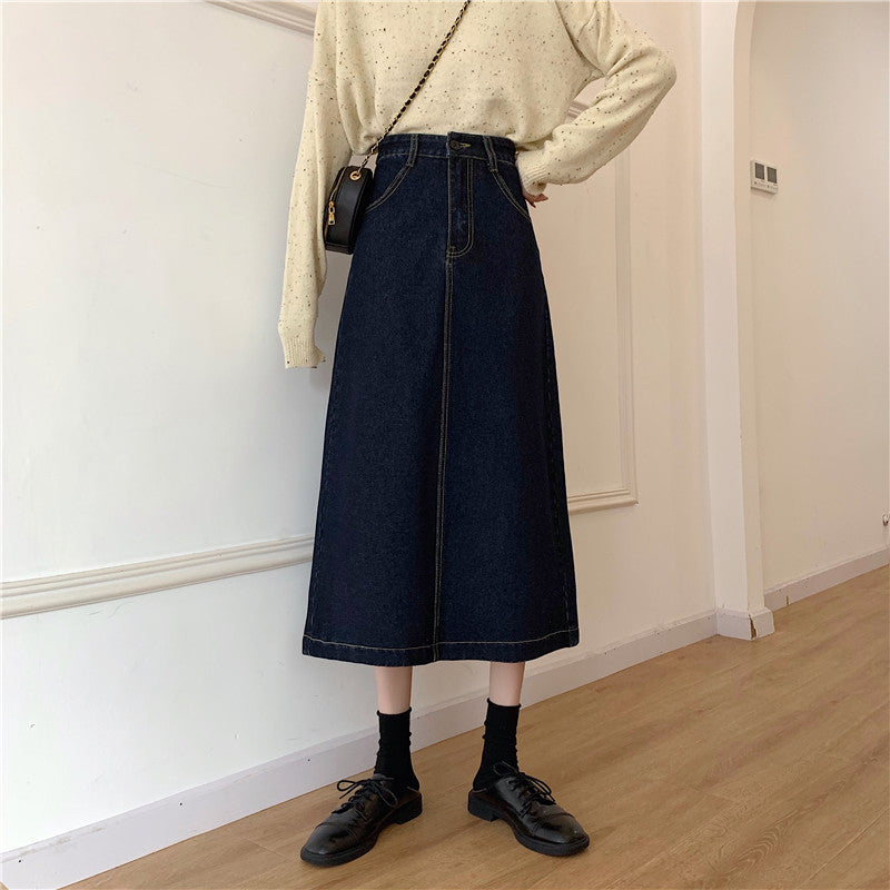 Jupe midi en denim pour femmes avec taille haute Chic & Stil