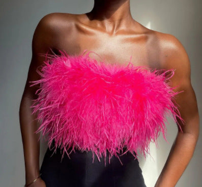 Women's Glamorous Plush Top with Removable Straps and Fringed Details Lune London