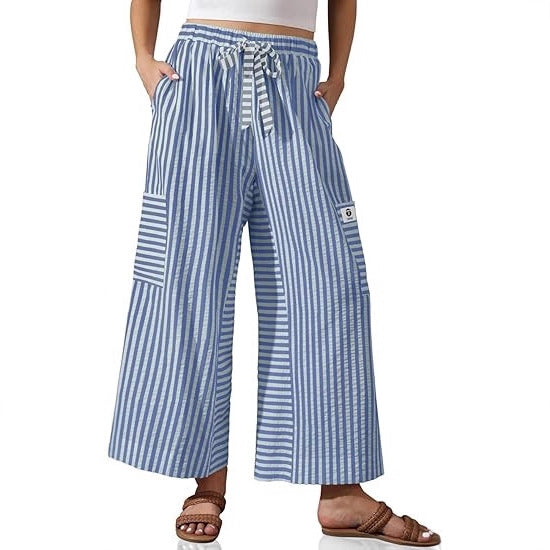 Pantalons Palazzo amples pour femmes avec motif rayé et poches pratiques