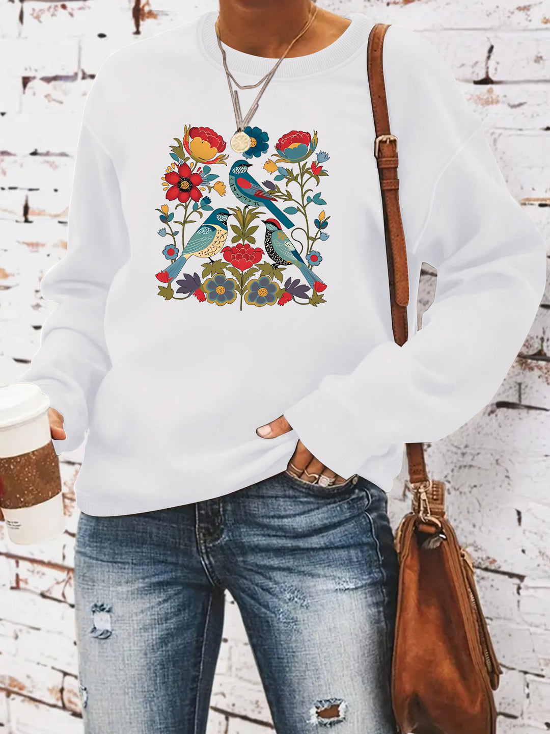 Sweatshirt pour femme avec motif floral d'oiseau et coupe décontractée Chic & Stil