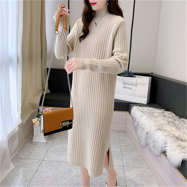 Maxi knit dress for women with high collar and fine ribbed structure Lune London