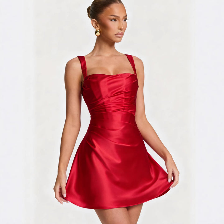 Ladies Elegant Cocktail Dress with Chic Square Neckline and Flowing Satin