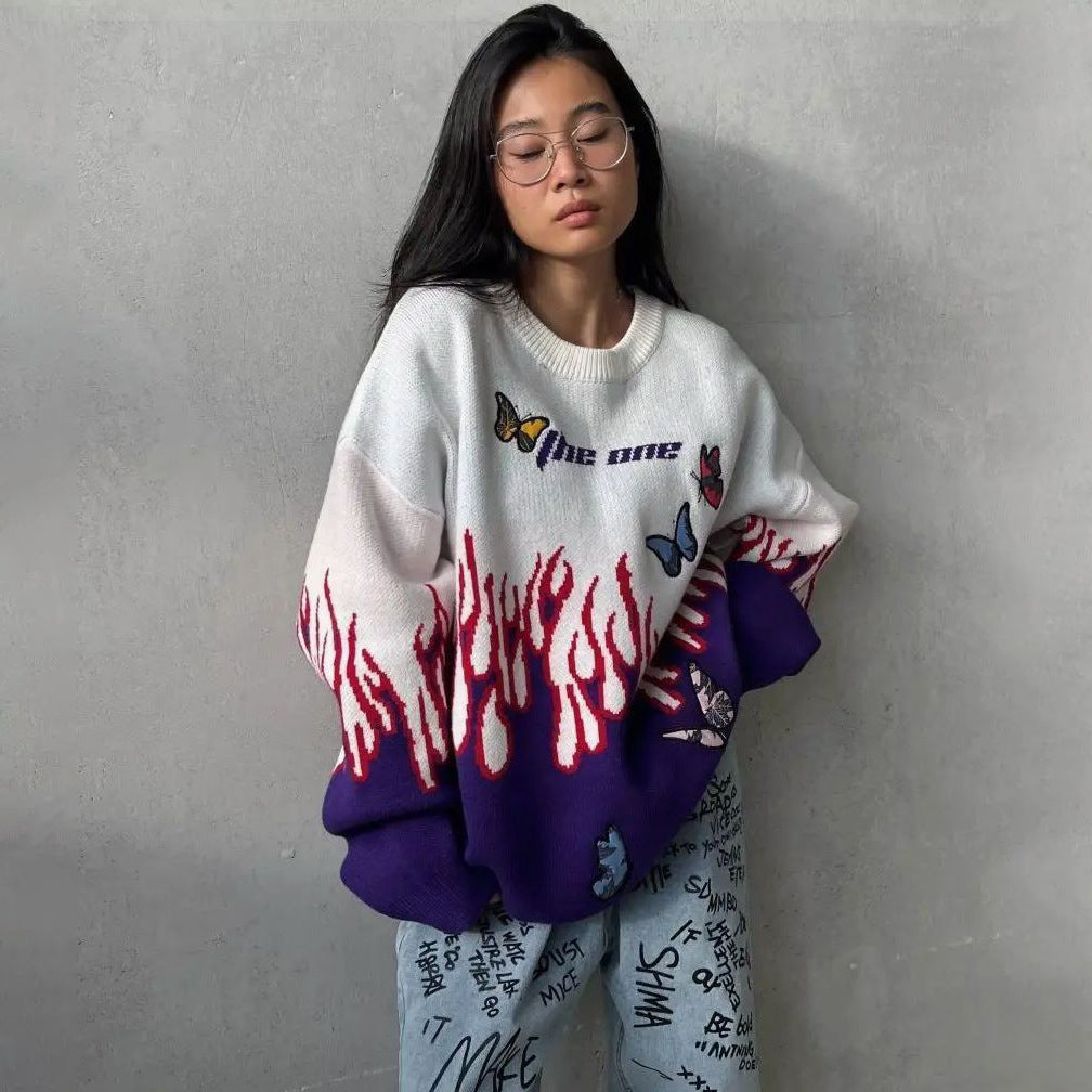 Chunky knit sweater for women with a unique design of flames and butterflies Lune London