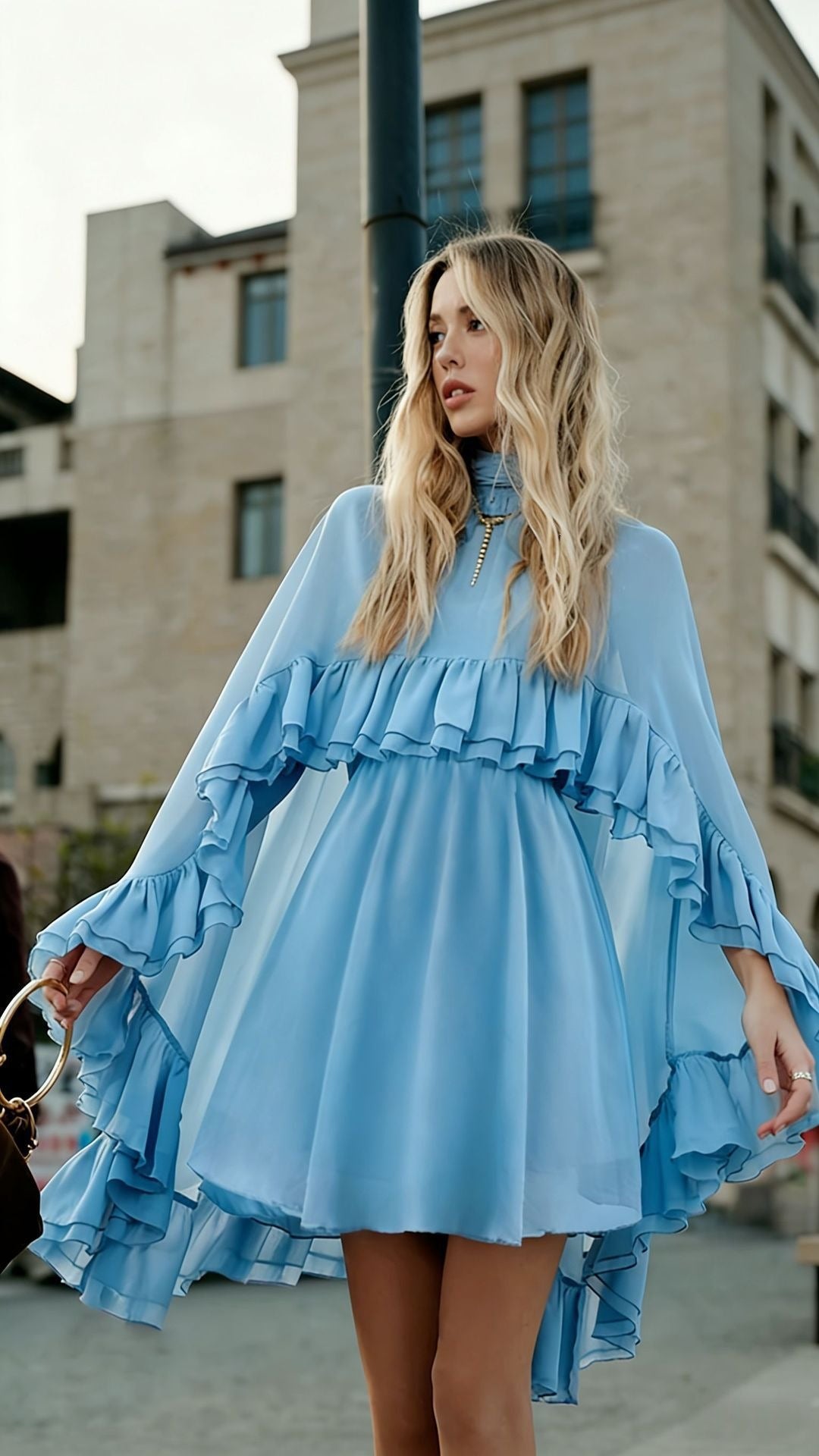 Women Elegant Ruffle Dress with High Neckline and Flowing Cut Lune London