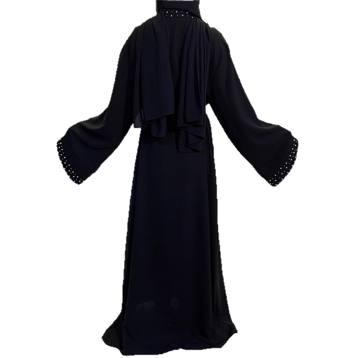Elegant ladies Abaya with elaborate rhinestone details and a chic waist belt
