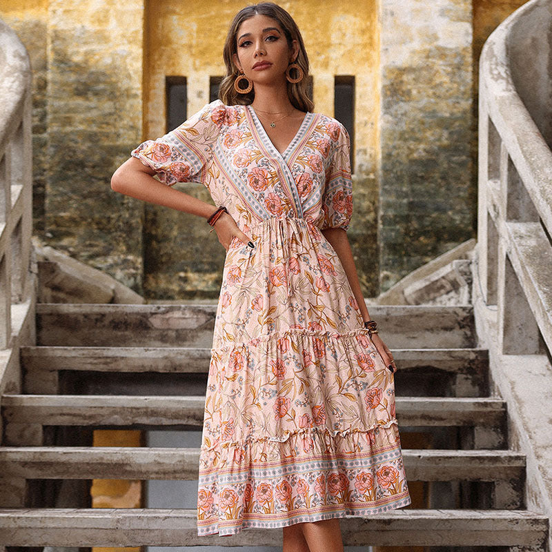 Women Bohemian Pleated Midi Dress Lune London