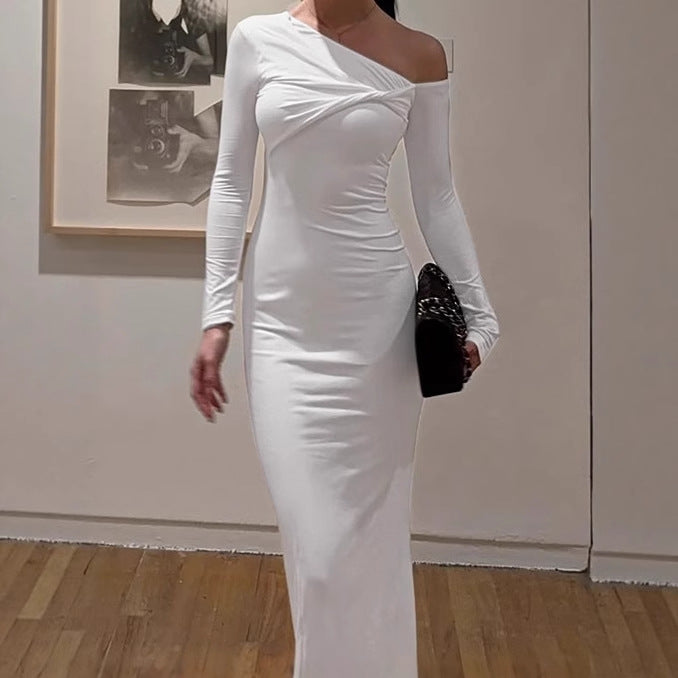 Elegant bodycon maxi dress for women with asymmetrical cut and plunging neckline Lune London