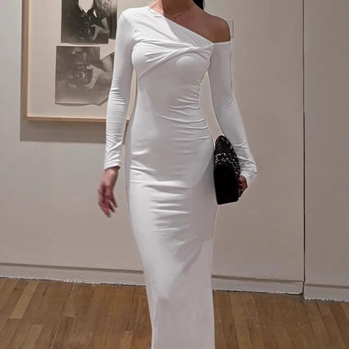 Elegant bodycon maxi dress for women with asymmetrical cut and plunging neckline Lune London
