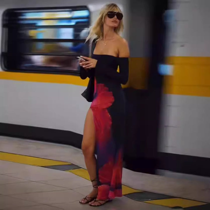 Off-shoulder floral print maxi dress for women with high slit Lune London
