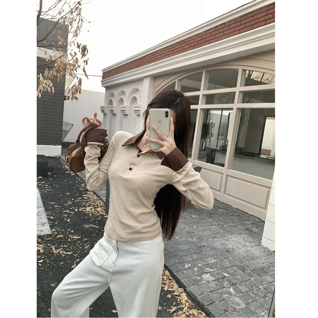 Women's Long Sleeve Polo Shirt with Unique Collar and Stylish Stripes Chic & Stil