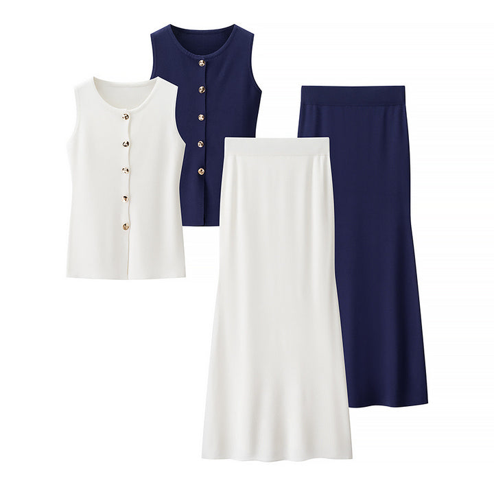 Women’s outfit including a sleeveless top with button details and a flared skirt Lune London