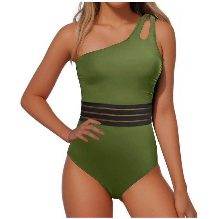 Women's one-piece swimsuit with asymmetrical neckline and fashionable mesh trim Lune London
