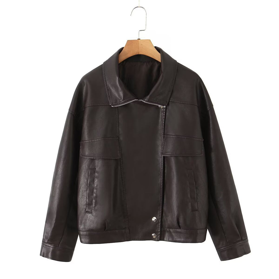 Veste en cuir synthétique à la mode pour femmes avec poches à rabat pratiques Lune London