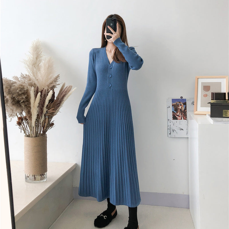 Knitted dress for women with V-neck and button details Lune London