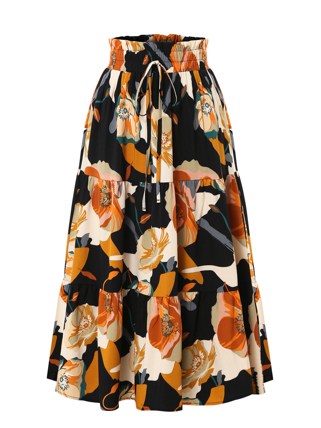 Maxi skirt for women with voluminous ruffles and a floral print Lune London