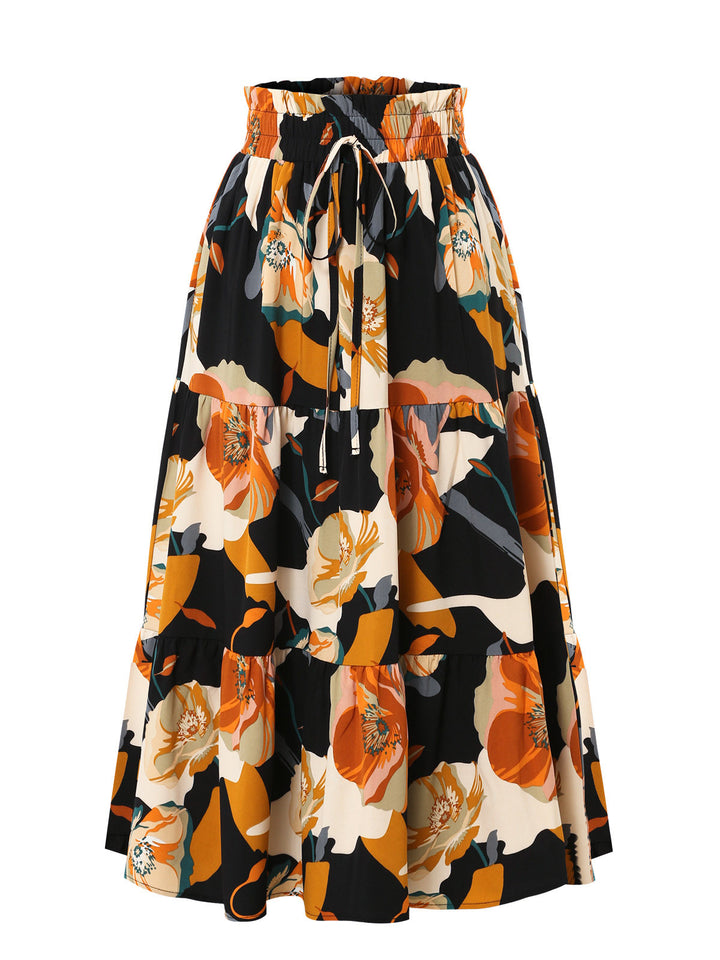 Maxi skirt for women with voluminous ruffles and a floral print Lune London