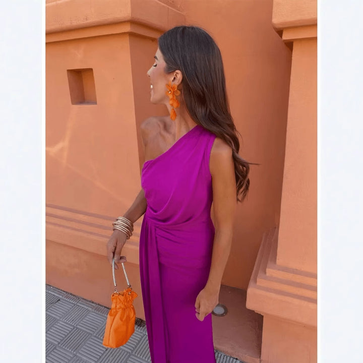 Maxi dress for women with asymmetrical sleeve design and elegant draping Lune London